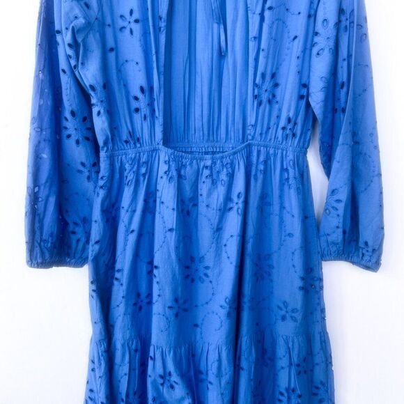 NWT H&M Blue Embroidered Eyelet Lace Long Puff Sleeve Open Back Midi Dress - Picture 11 of 14